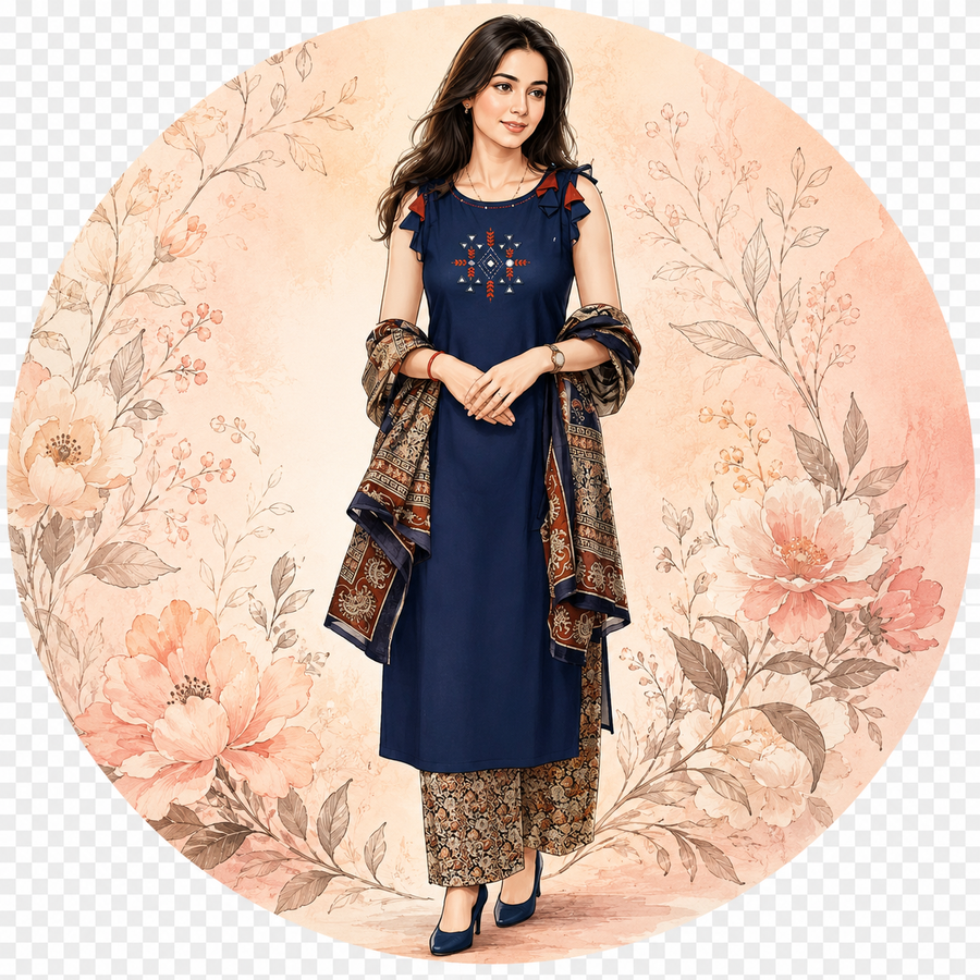 Navy Blue Handcrafted Cotton Mirror Work Suit Set