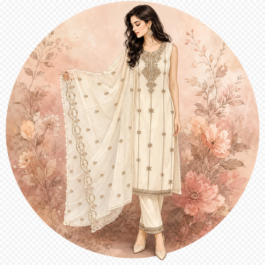 Ivory Organza Chanderi Embroidered Suit Set