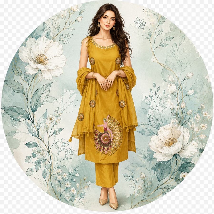 Mustard Slub Cotton Appliqué Embroidered Suit Set
