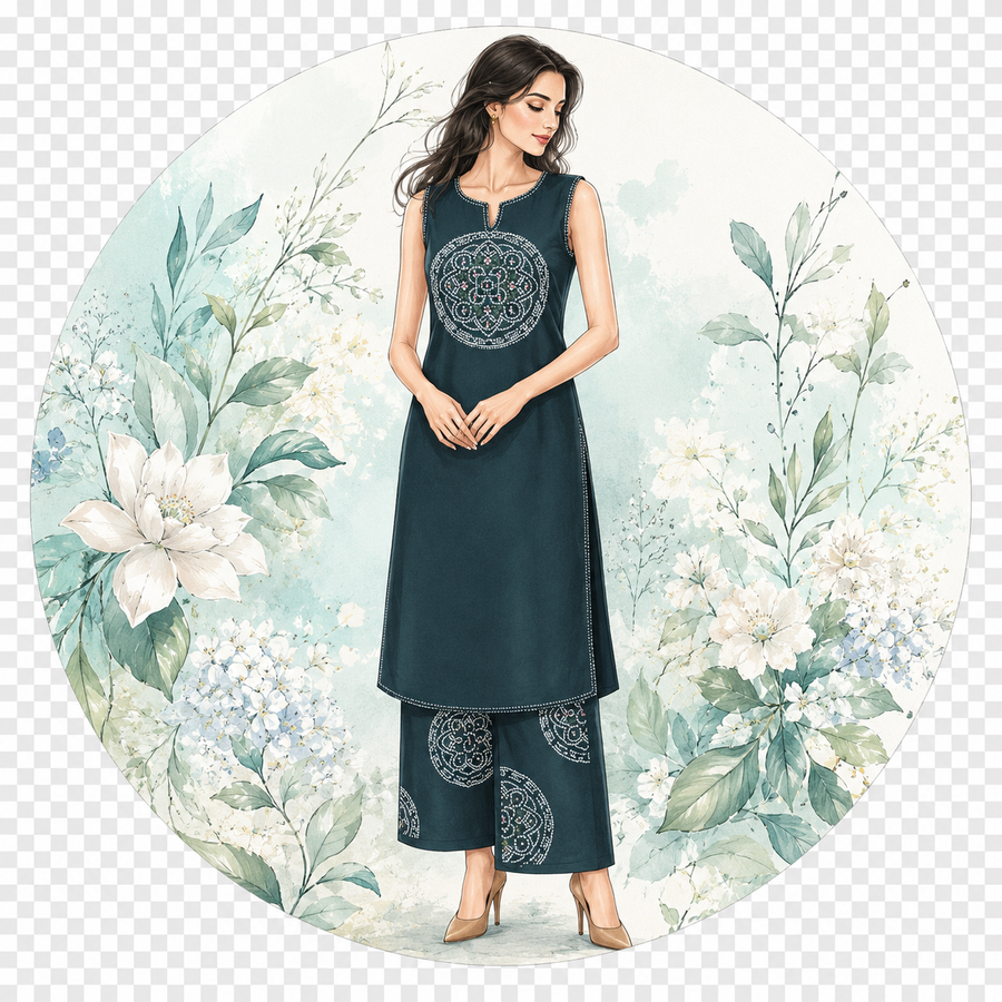 Bottle Green Slub Cotton Bandhani Embroidered Suit Set