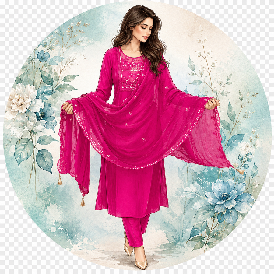Rani Pink Chanderi Silk Blend Mirror Work Suit Set