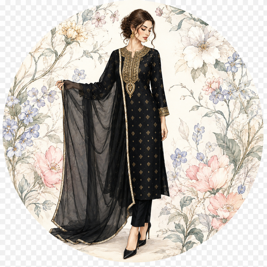 Black Chanderi Silk Blend Zari Embroidered Suit Set