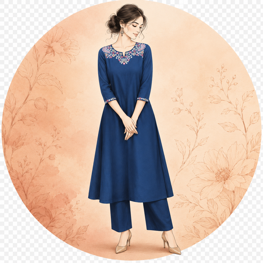 Indigo Blue Cotton Chanderi Embroidered Suit Set