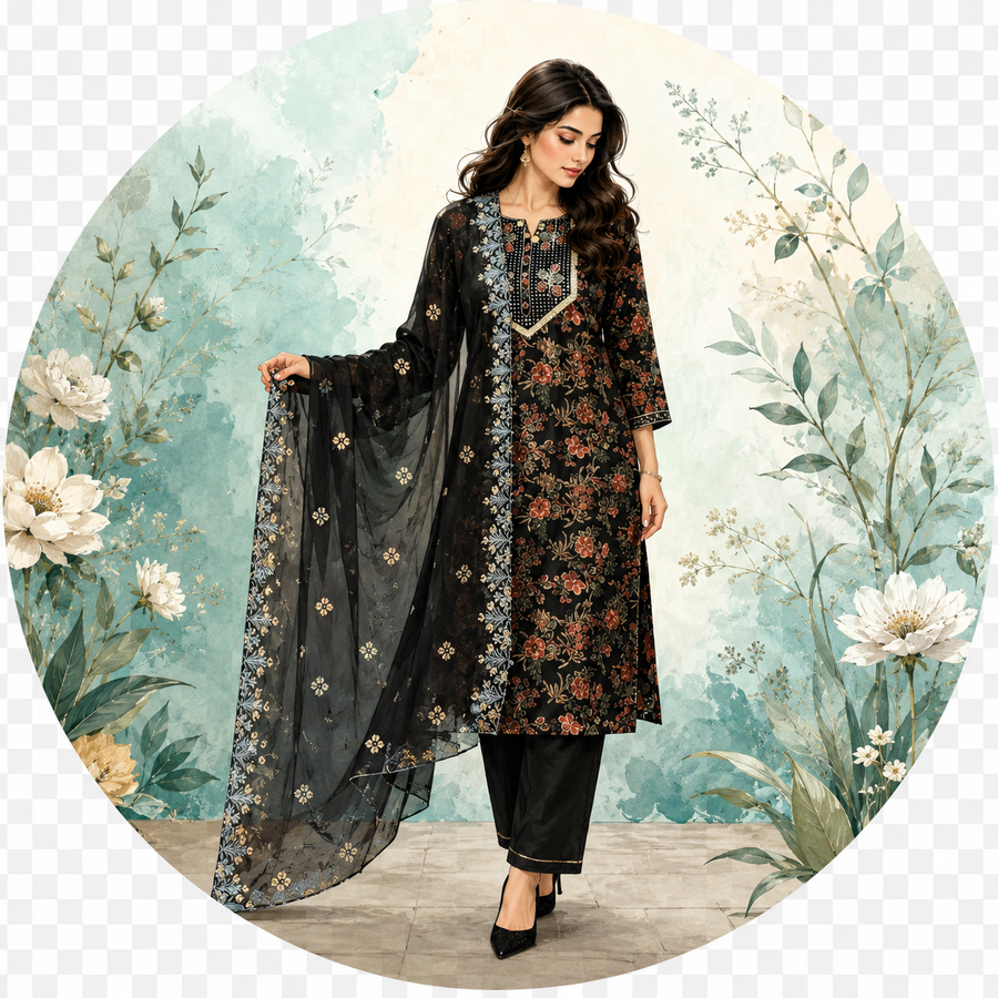 Black Floral Cotton Suit Set with Sheer Embroidered Dupatta