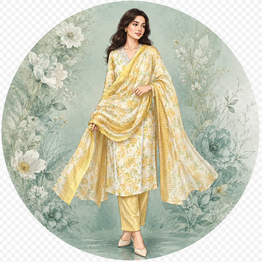 Ivory Mustard Floral Slub Cotton Suit Set