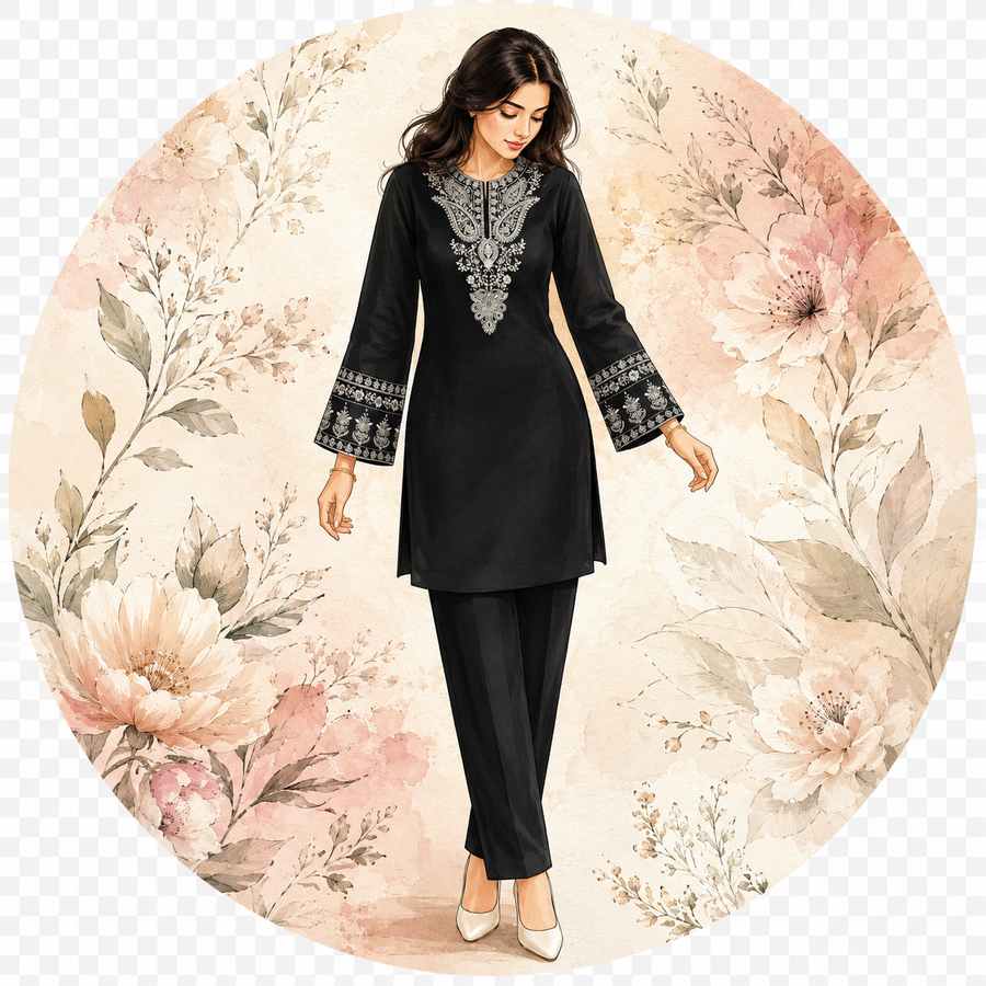 Black Chanderi Embroidered Ethnic Kurta Set