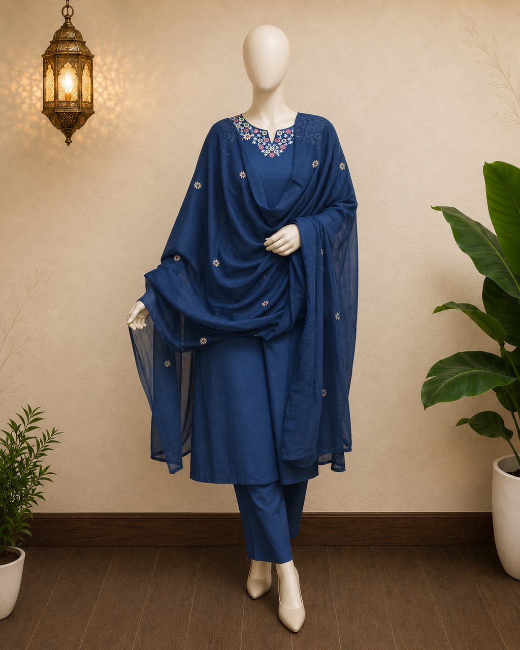 Indigo Blue Cotton Chanderi Embroidered Suit Set