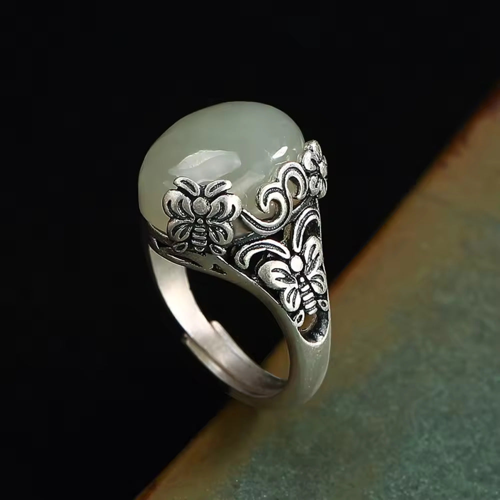 Floral Embrace: The Silver Jade Blossom Ring