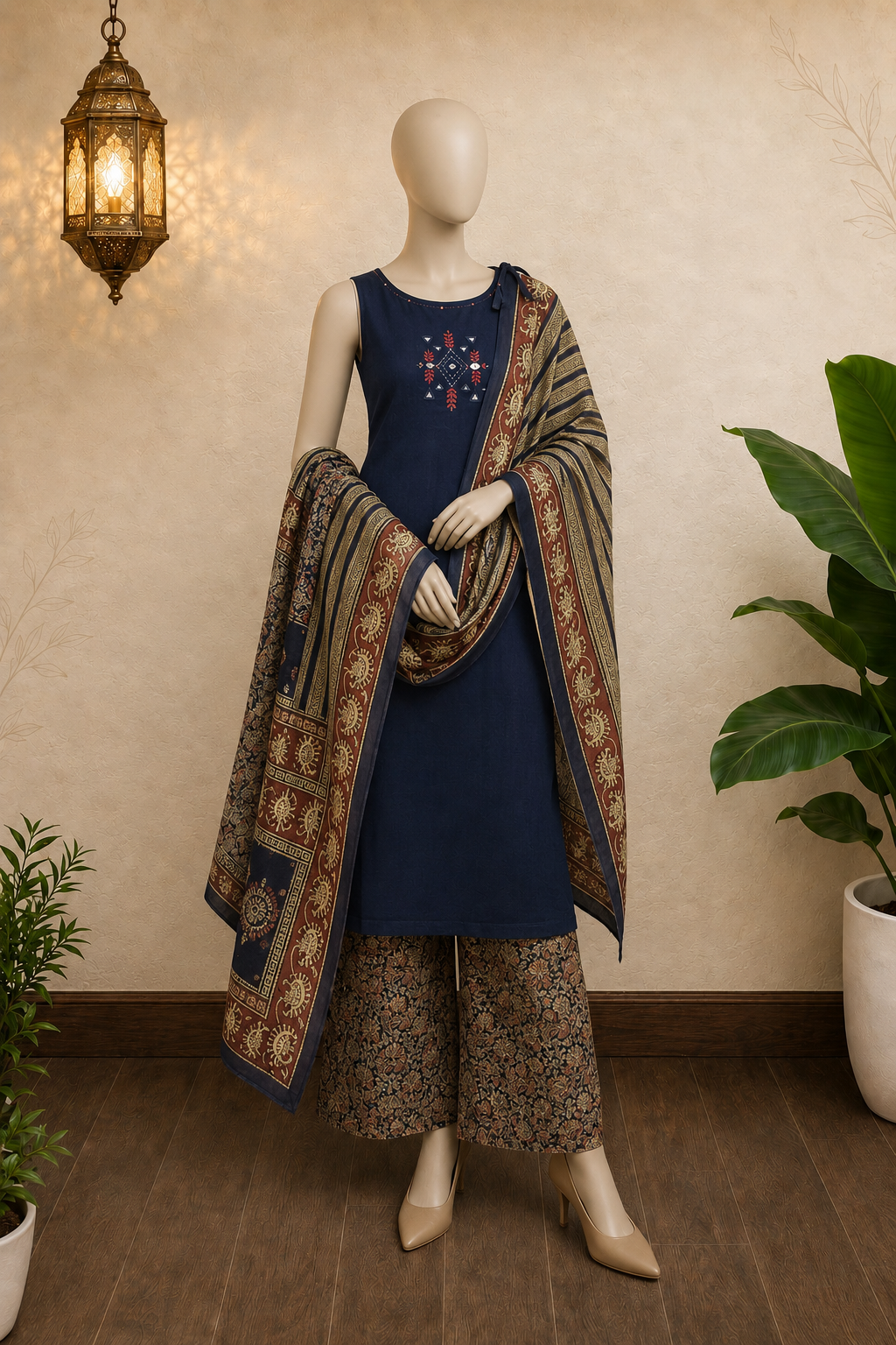 Navy Blue Handcrafted Cotton Mirror Work Suit Set