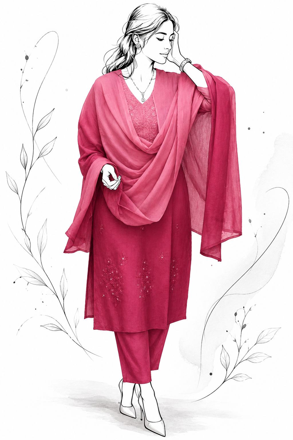 Coral Pink Chanderi Silk Blend Embroidered Suit Set