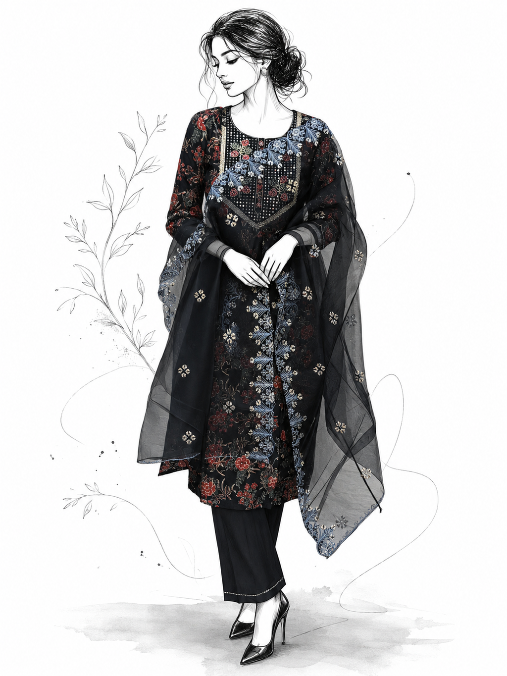 Black Floral Cotton Suit Set with Sheer Embroidered Dupatta