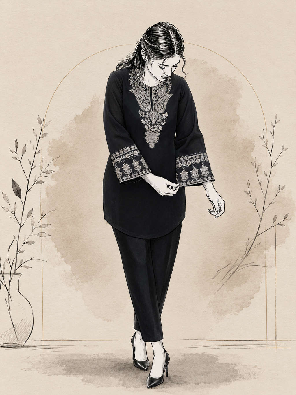 Black Chanderi Embroidered Ethnic Kurta Set