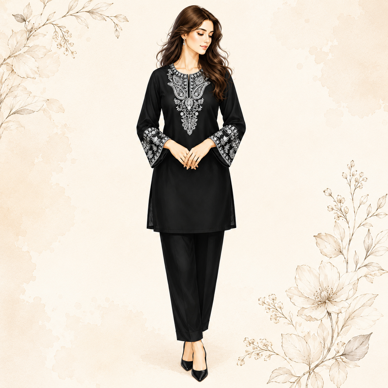 Black Chanderi Embroidered Ethnic Kurta Set
