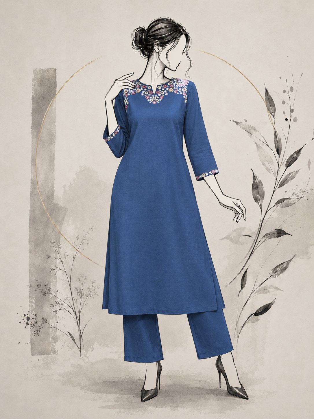 Indigo Blue Cotton Chanderi Embroidered Suit Set