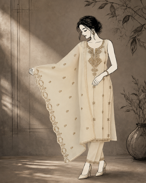 Ivory Organza Chanderi Embroidered Suit Set