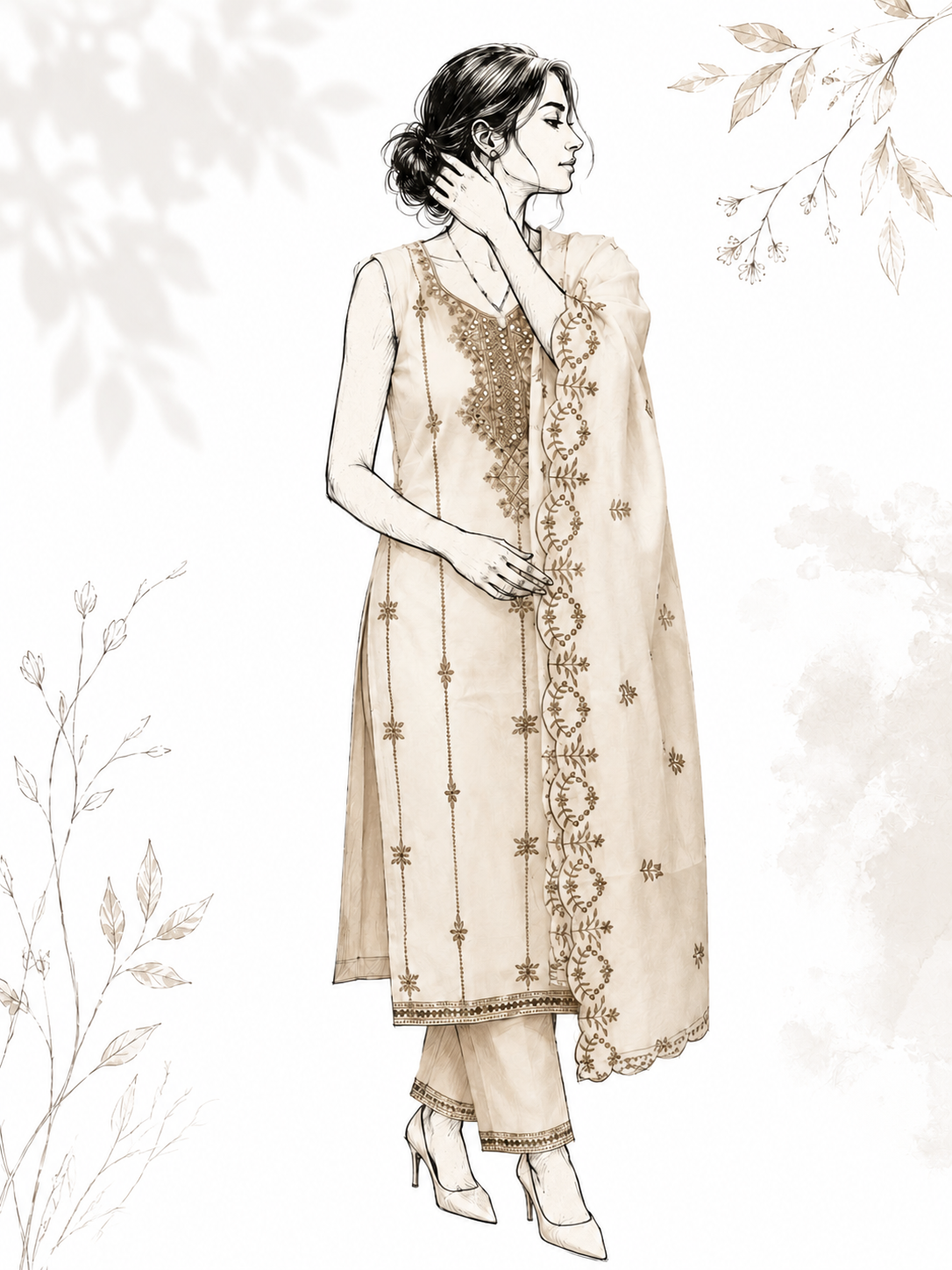 Ivory Organza Chanderi Embroidered Suit Set
