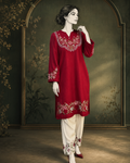Ruby Red Cotton Embroidered Kurta Set with Floral Detail