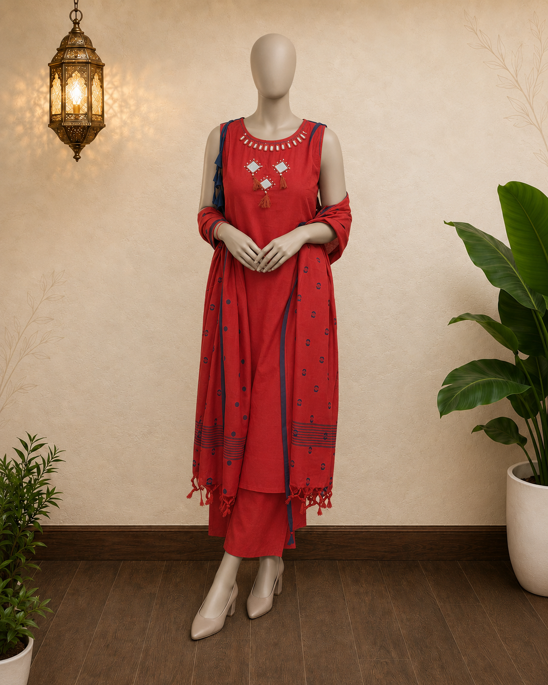 Rust Handcrafted Cotton Mirror Work Suit Set