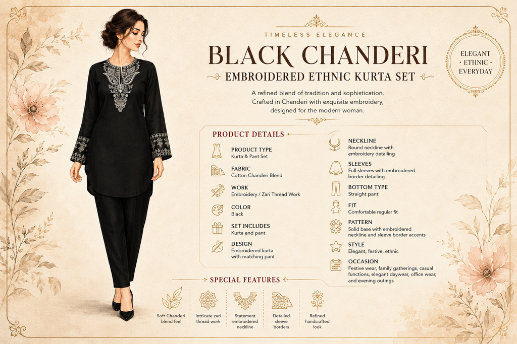 Black Chanderi Embroidered Ethnic Kurta Set