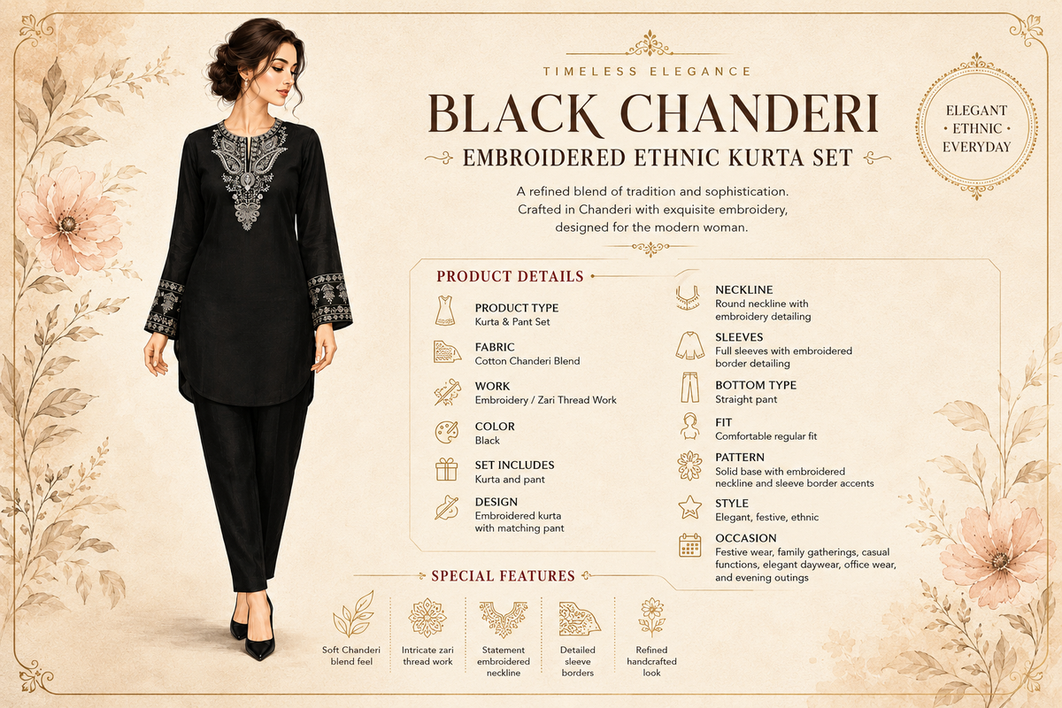 Black Chanderi Embroidered Ethnic Kurta Set