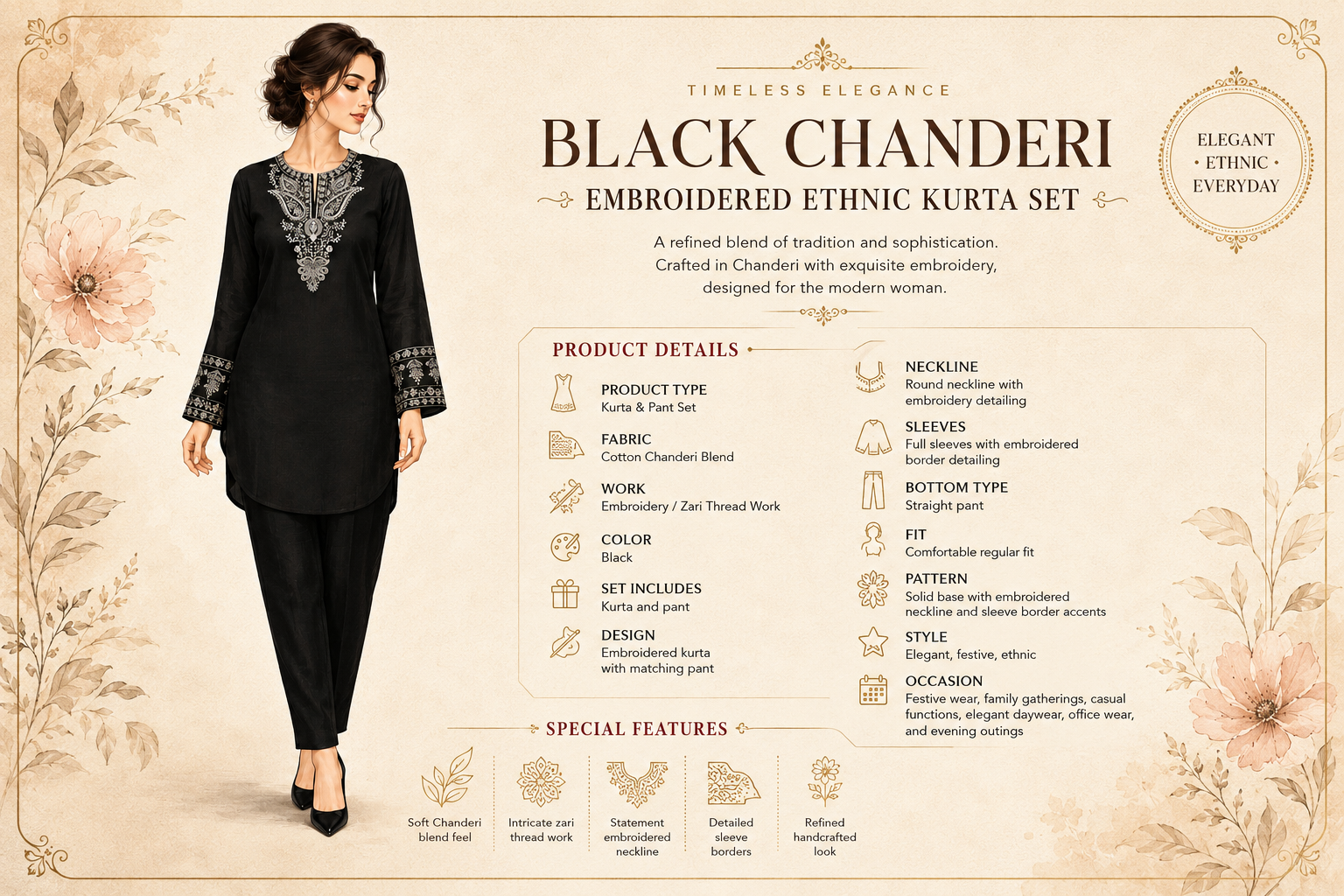 Black Chanderi Embroidered Ethnic Kurta Set