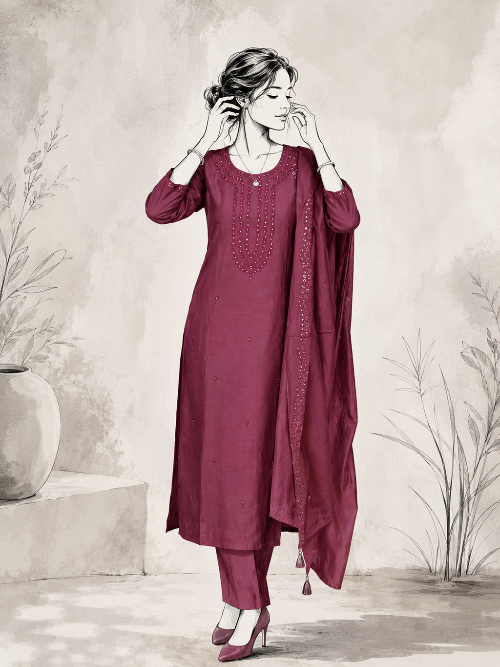 Wine Chanderi Silk Blend Embroidered Suit Set