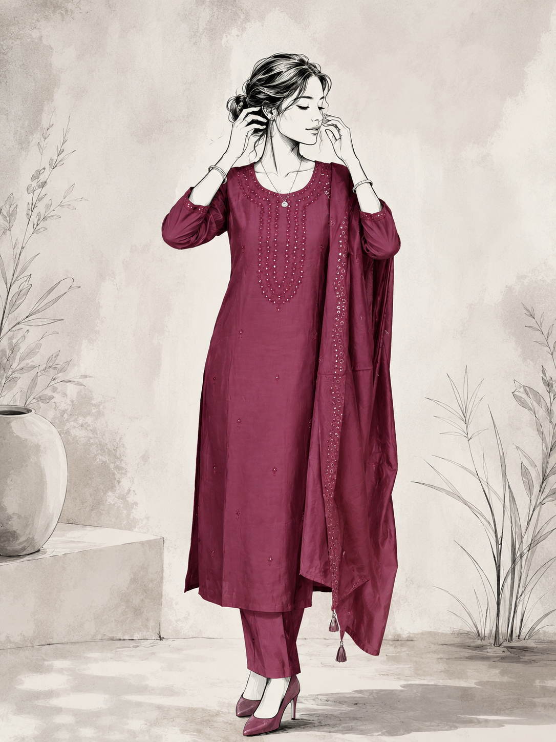 Wine Chanderi Silk Blend Embroidered Suit Set