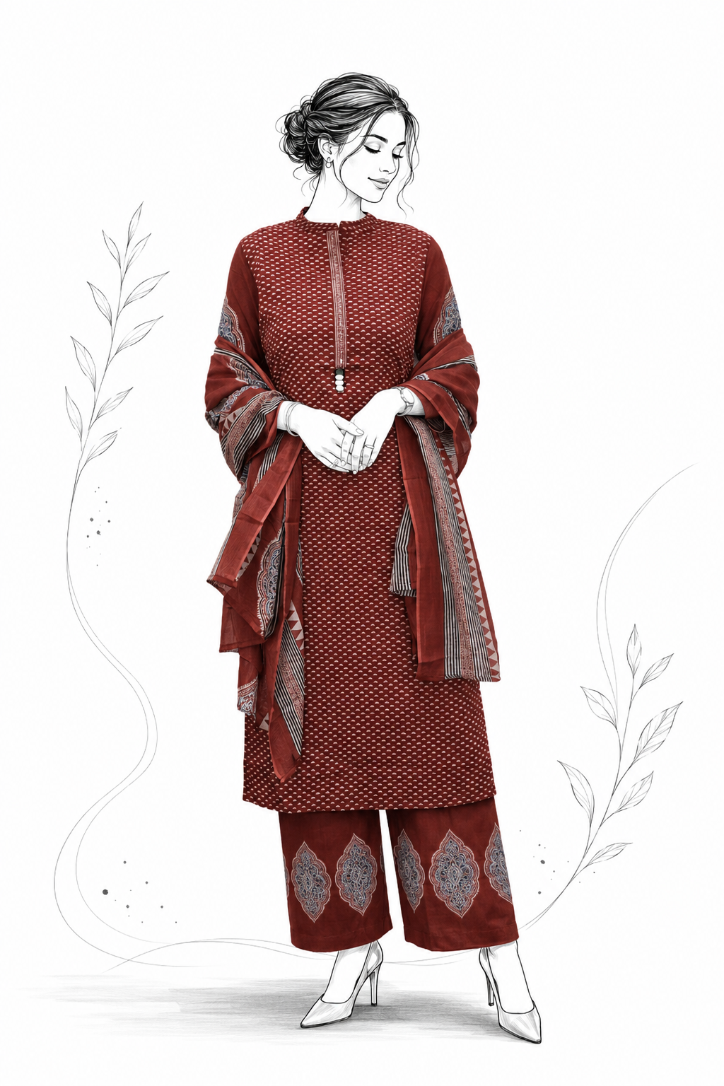 Rust Ajrakh-Style Cotton Printed Suit Set