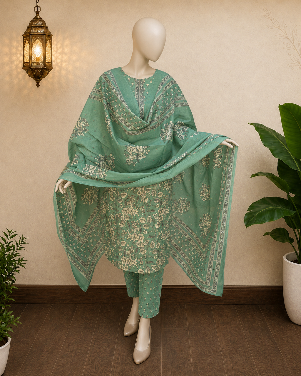 Sage Green Cotton Chanderi Printed Suit Set