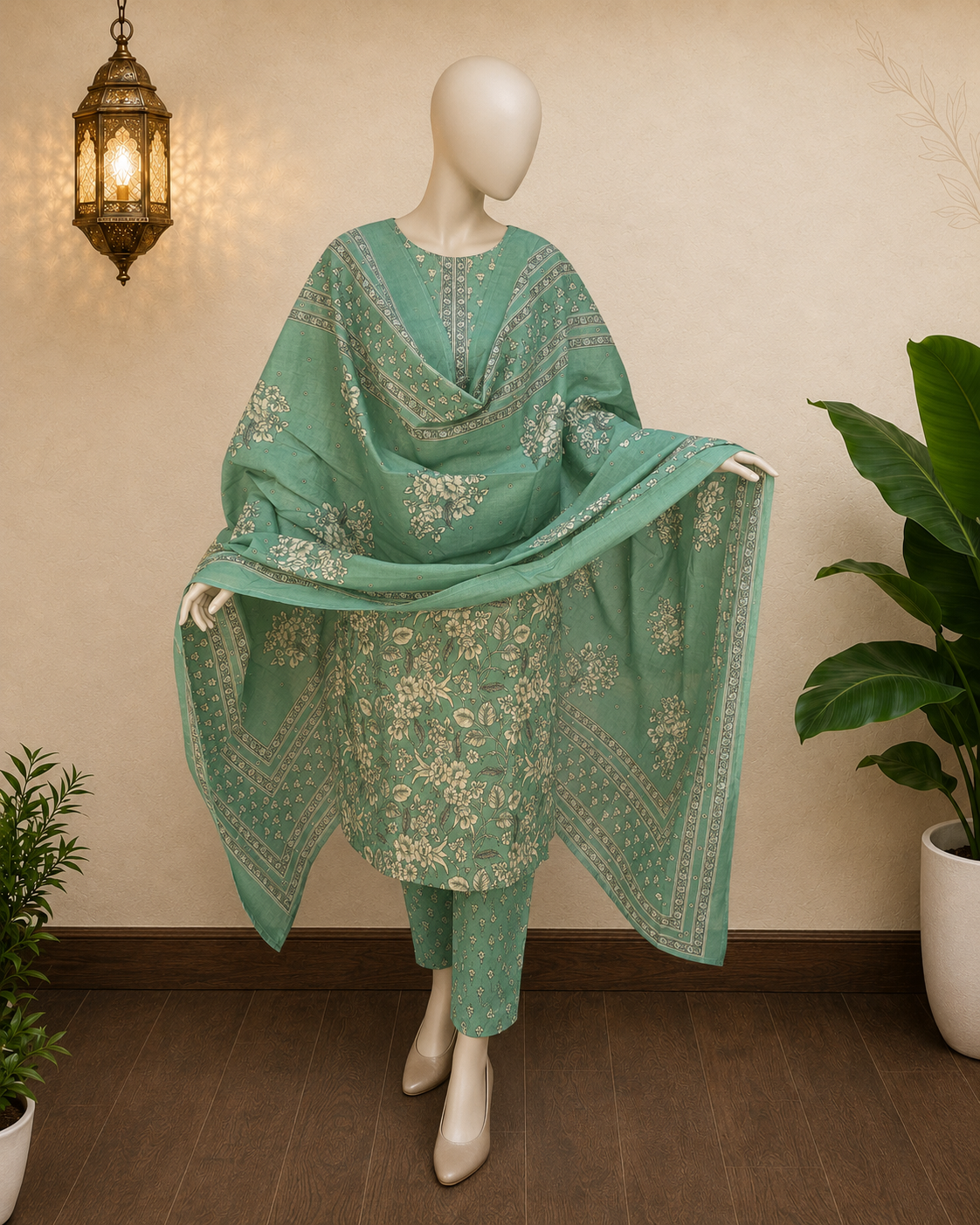 Sage Green Cotton Chanderi Printed Suit Set
