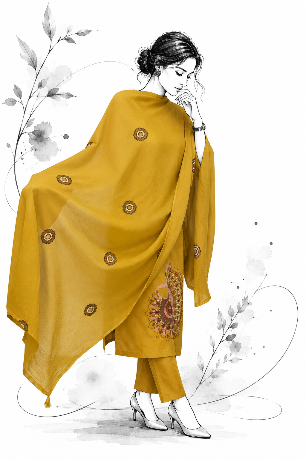Mustard Slub Cotton Appliqué Embroidered Suit Set