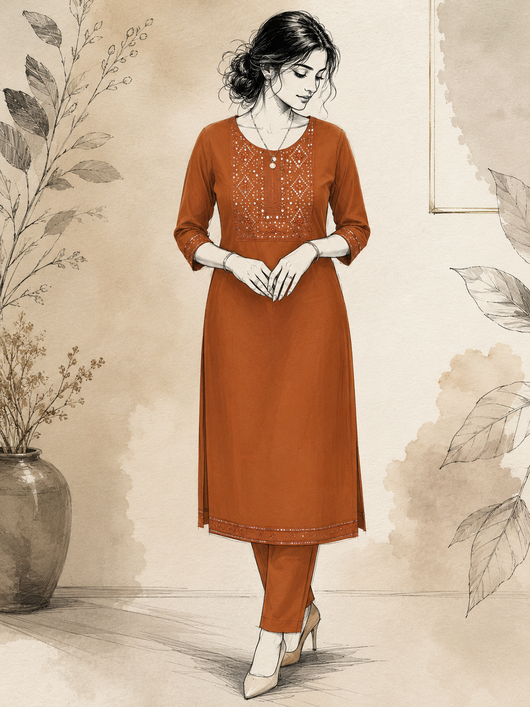 Terracotta Cotton Chanderi Mirror Work Suit Set