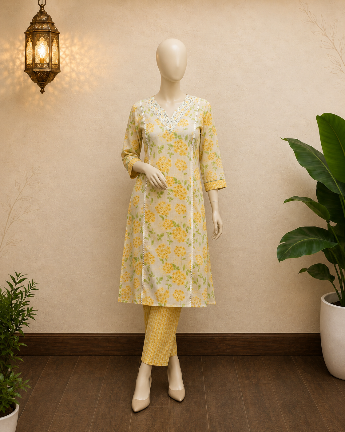 Ivory Mustard Floral Slub Cotton Suit Set