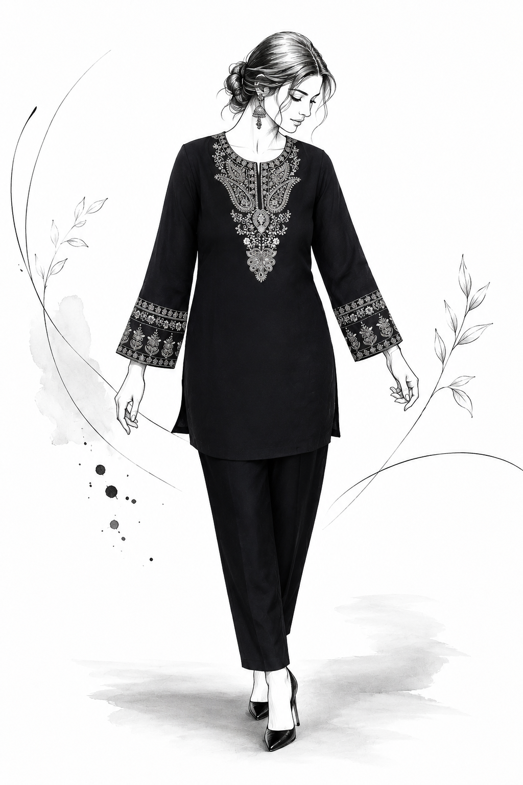 Black Chanderi Embroidered Ethnic Kurta Set