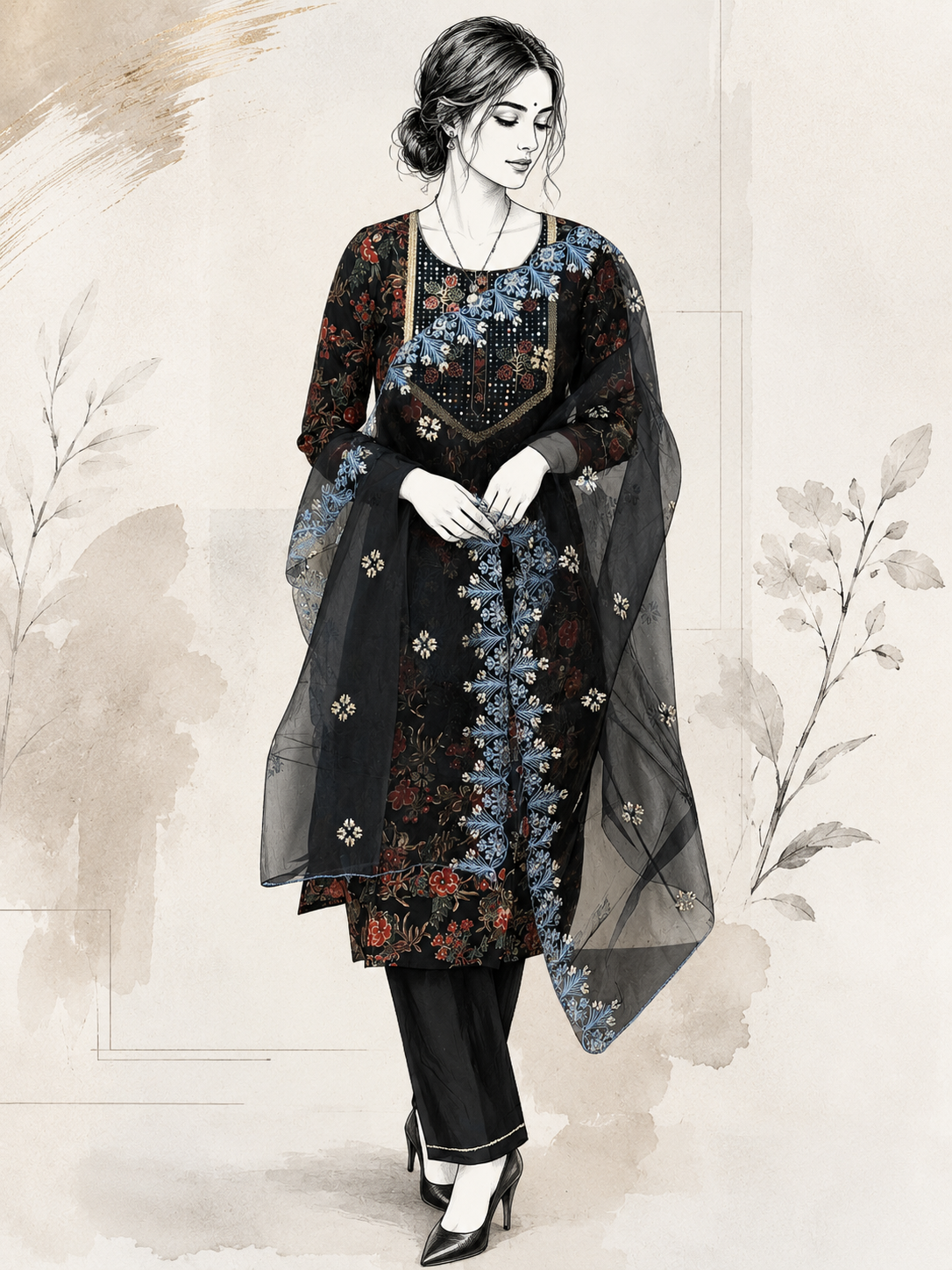 Black Floral Cotton Suit Set with Sheer Embroidered Dupatta