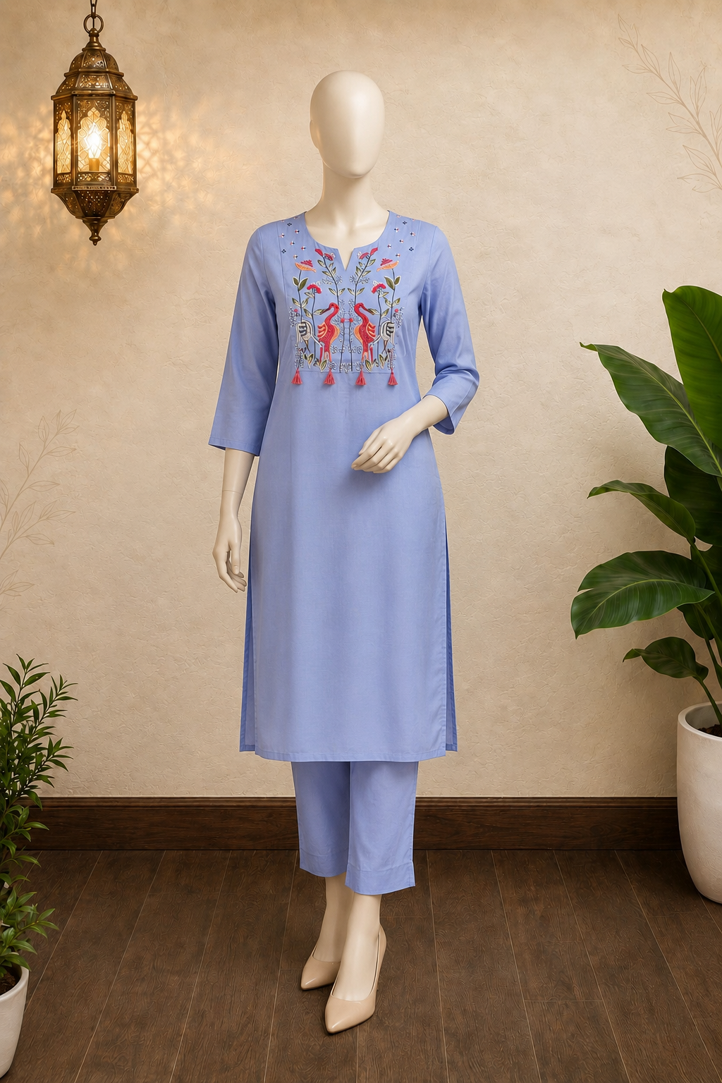 Powder Blue Handcrafted Cotton Embroidered Kurta Set