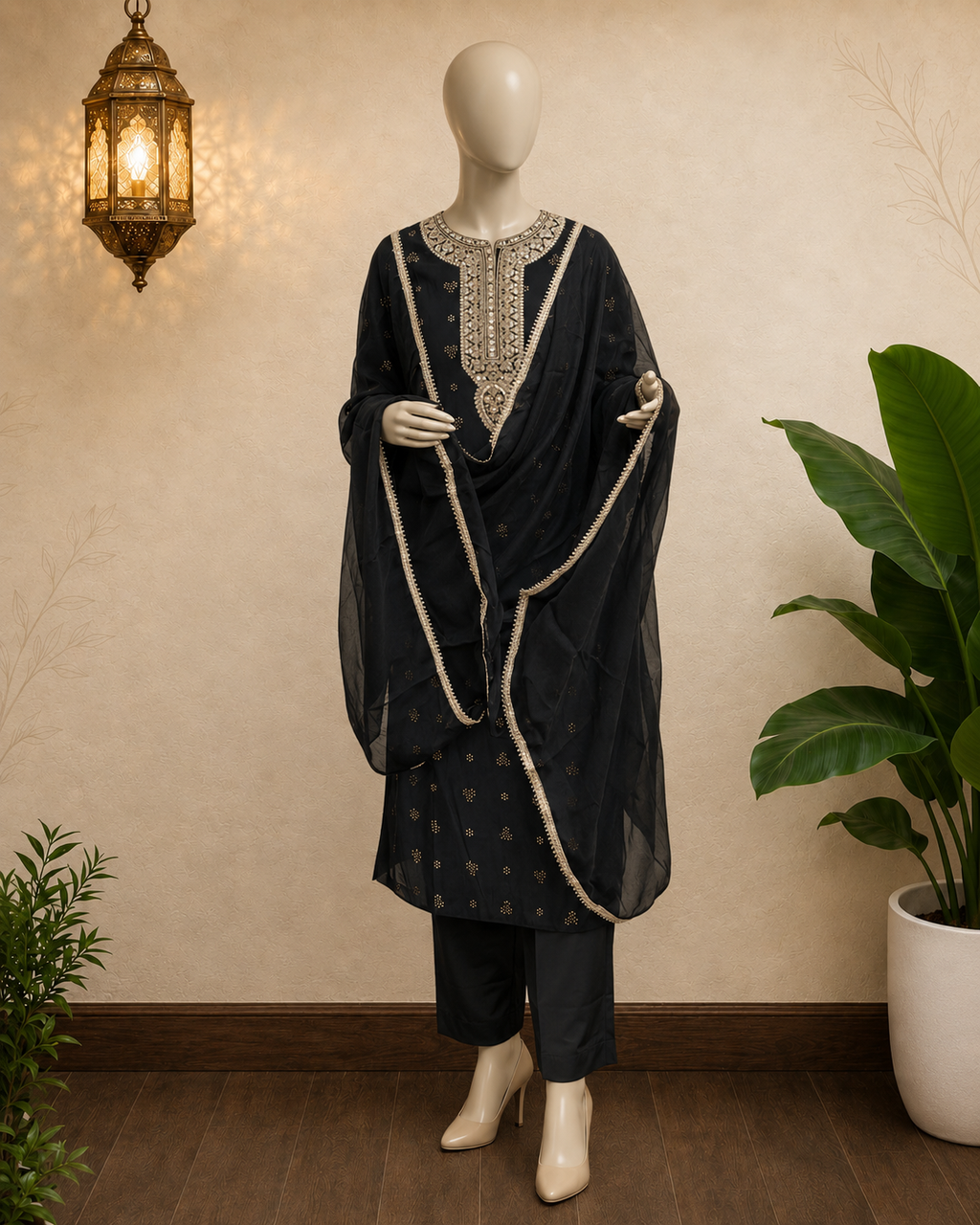 Black Chanderi Silk Blend Zari Embroidered Suit Set