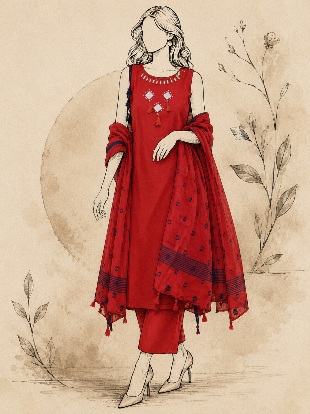 Rust Handcrafted Cotton Mirror Work Suit Set