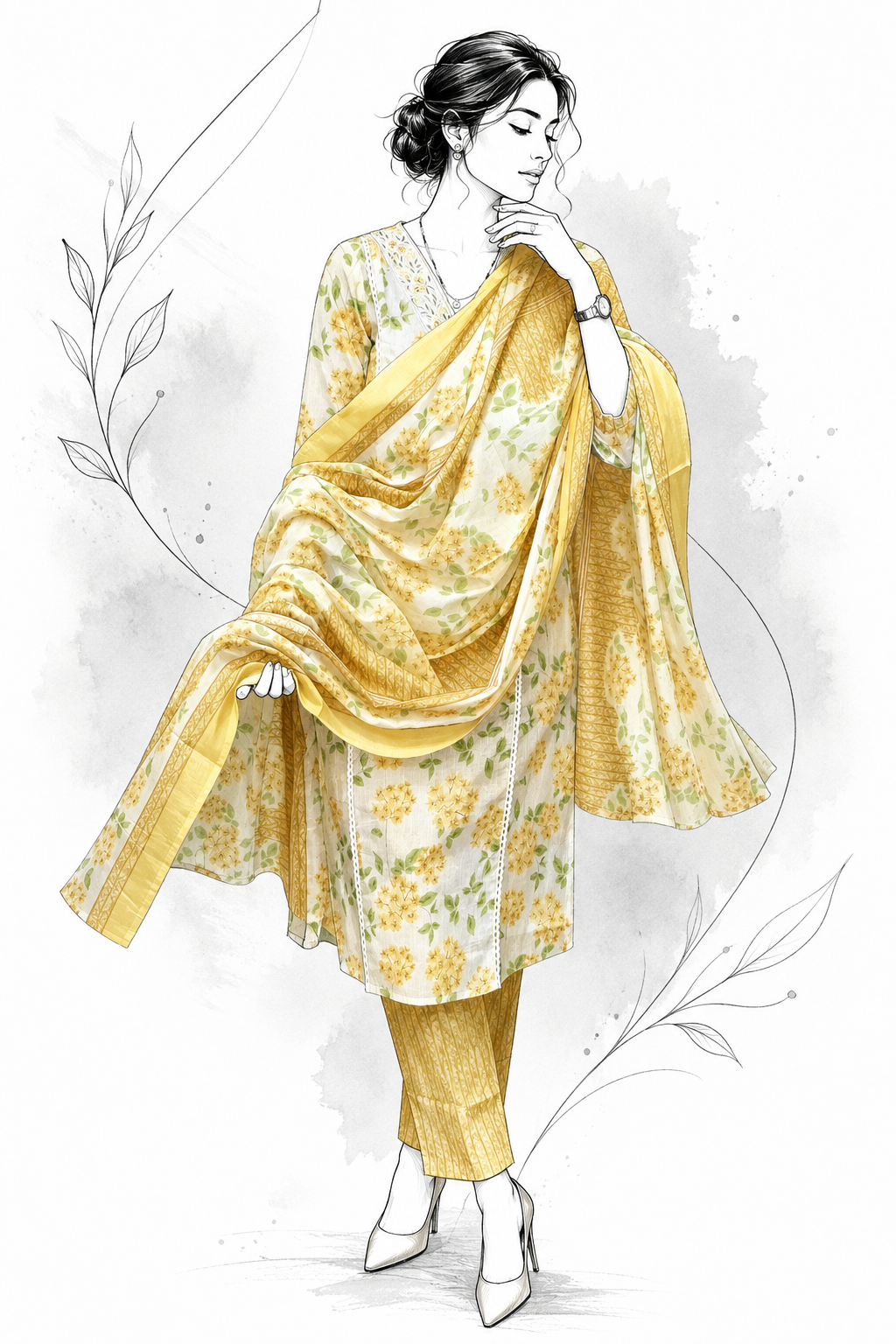 Ivory Mustard Floral Slub Cotton Suit Set