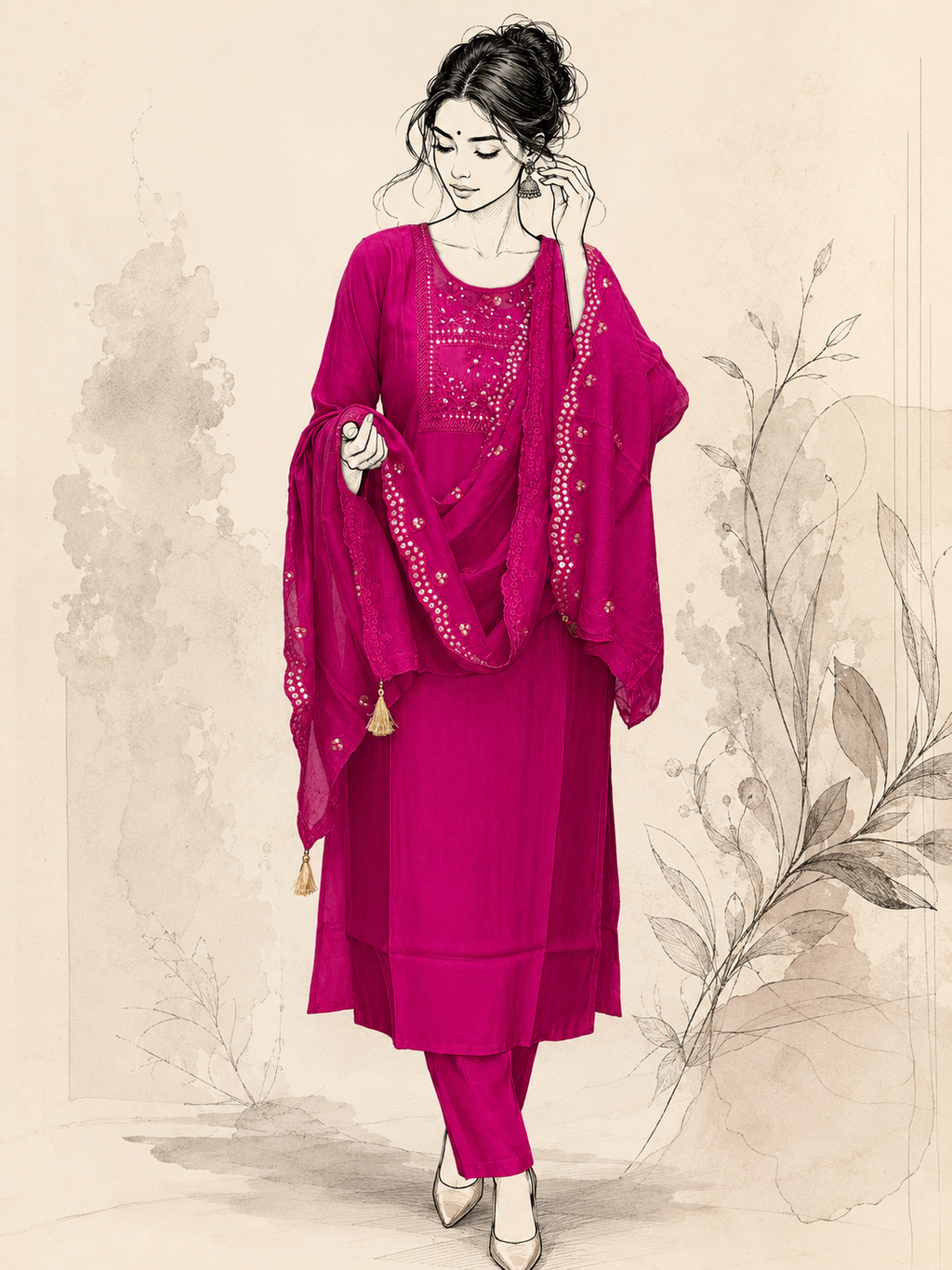 Rani Pink Chanderi Silk Blend Mirror Work Suit Set