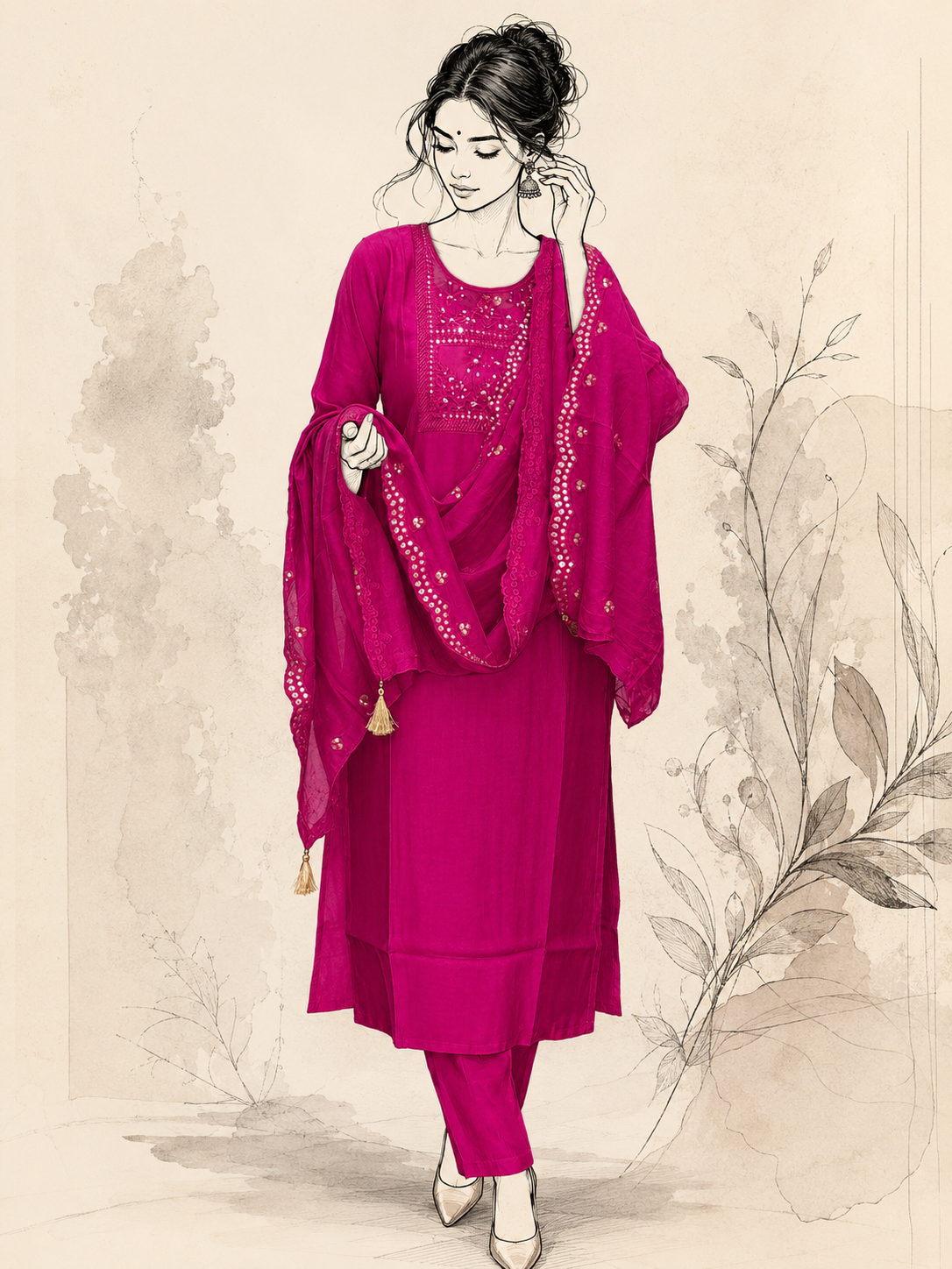 Rani Pink Chanderi Silk Blend Mirror Work Suit Set