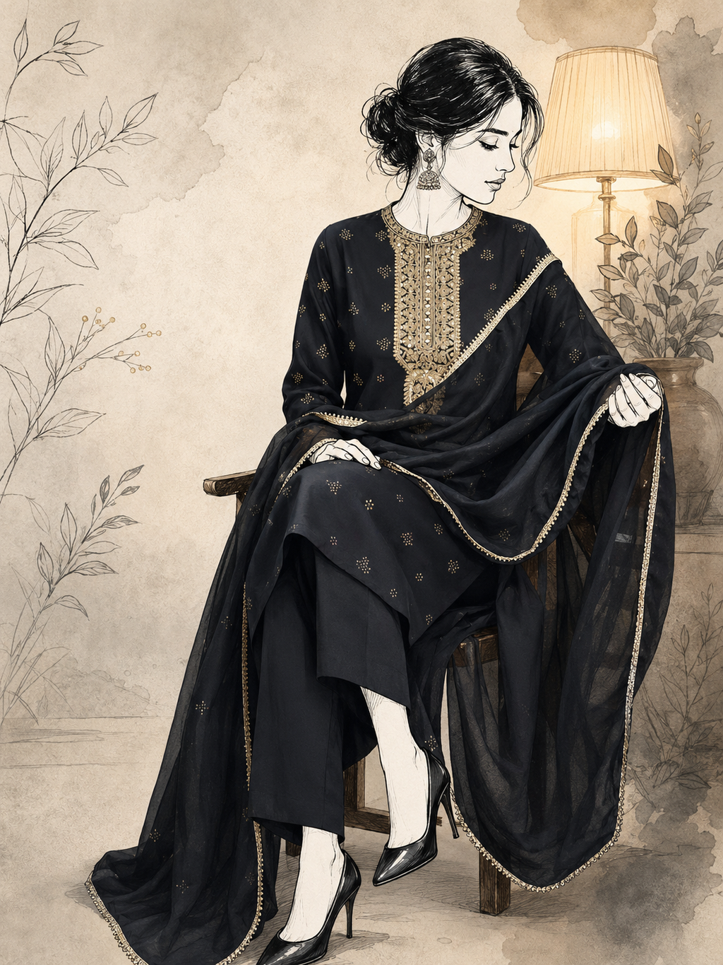 Black Chanderi Silk Blend Zari Embroidered Suit Set