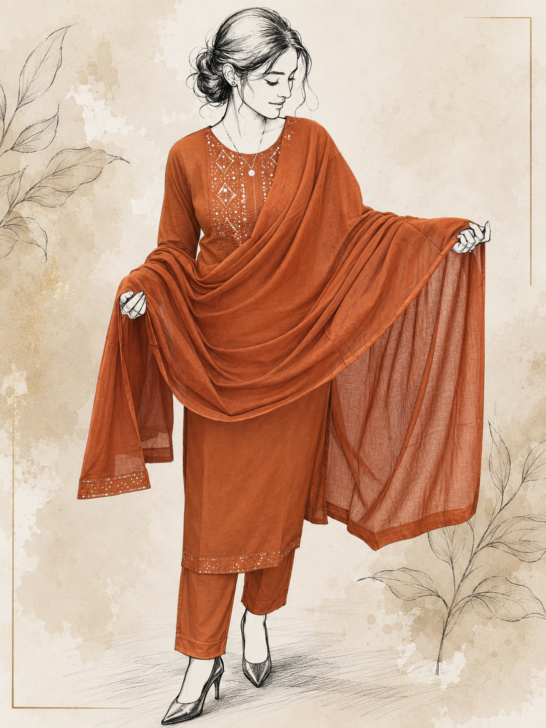 Terracotta Cotton Chanderi Mirror Work Suit Set