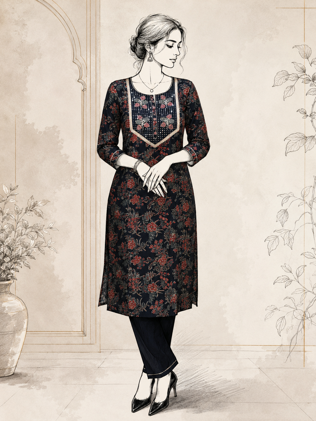 Black Floral Cotton Suit Set with Sheer Embroidered Dupatta