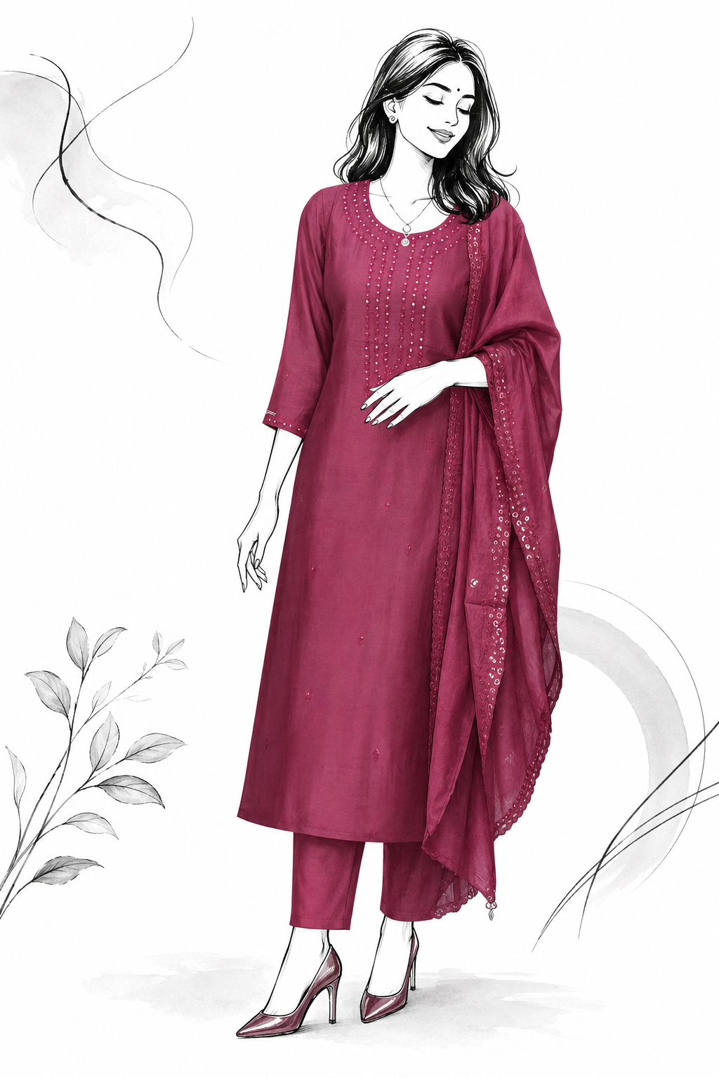 Wine Chanderi Silk Blend Embroidered Suit Set