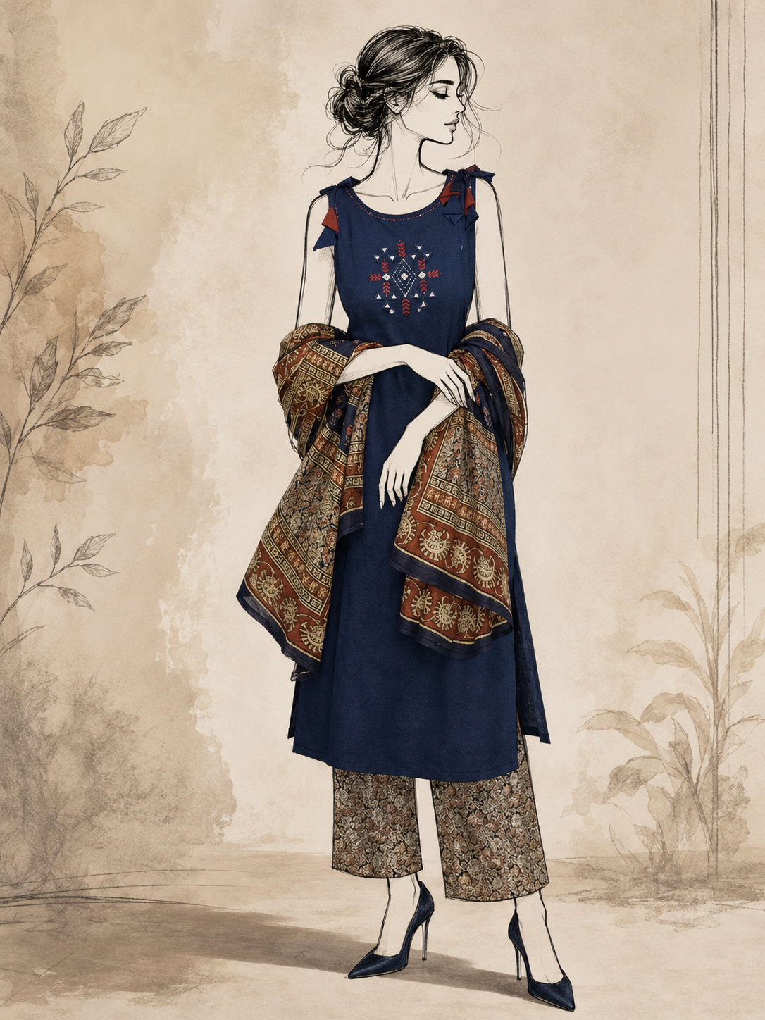Navy Blue Handcrafted Cotton Mirror Work Suit Set