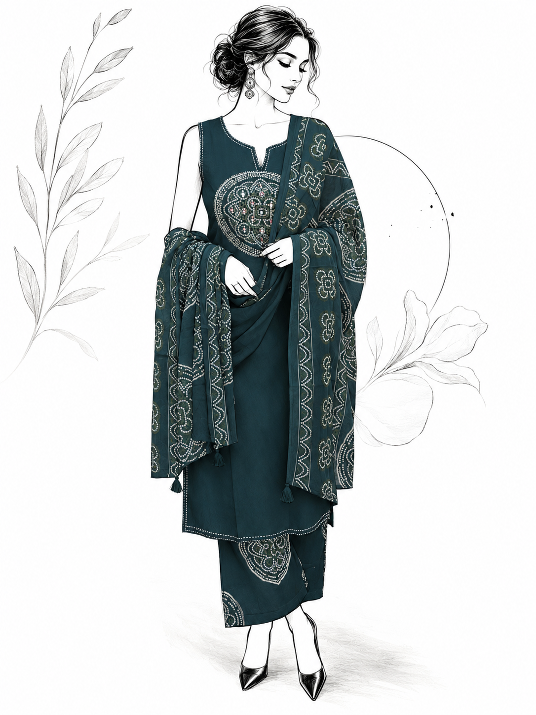 Bottle Green Slub Cotton Bandhani Embroidered Suit Set