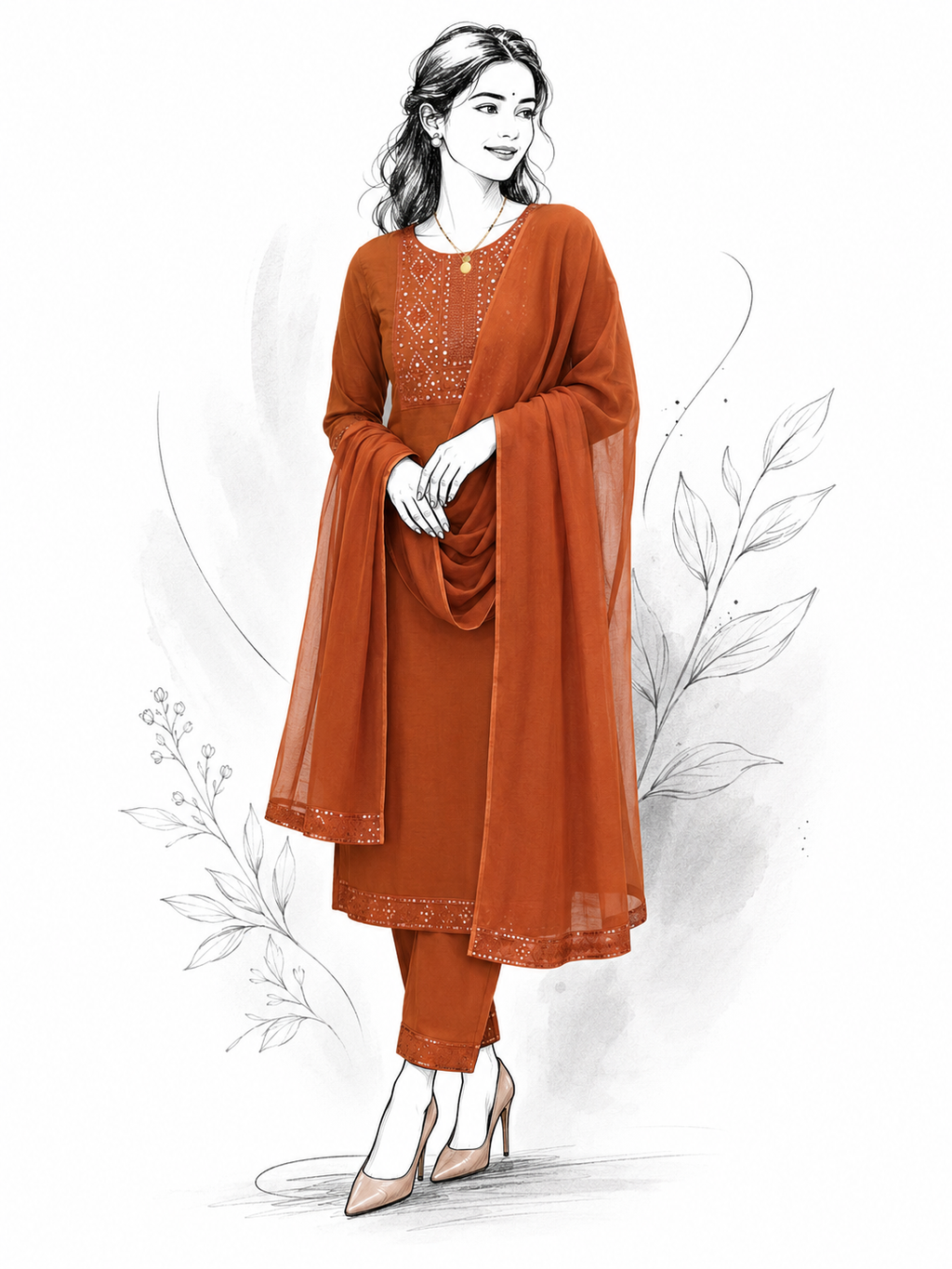Terracotta Cotton Chanderi Mirror Work Suit Set