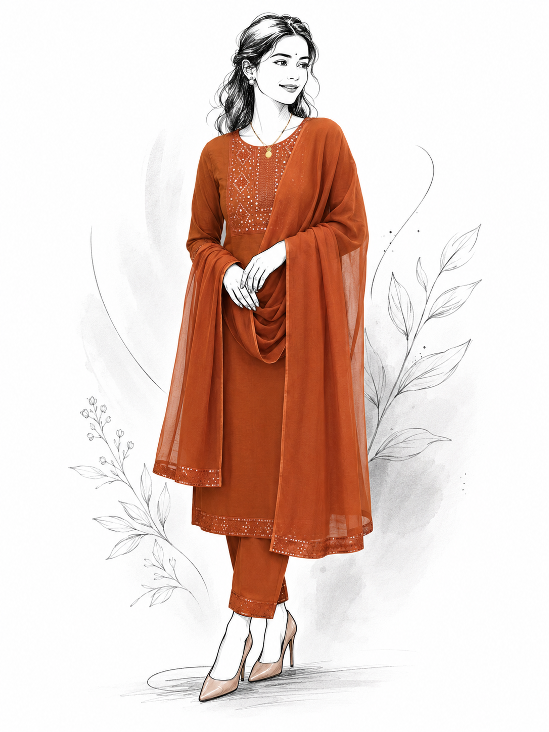 Terracotta Cotton Chanderi Mirror Work Suit Set