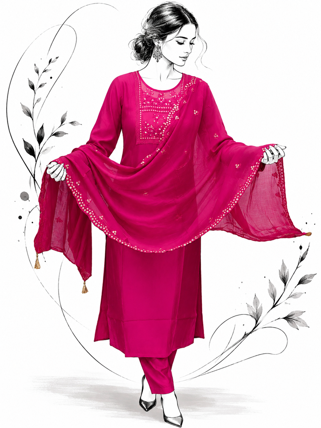 Rani Pink Chanderi Silk Blend Mirror Work Suit Set